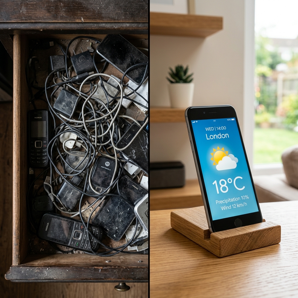 Sự tương phản giữa ngăn kéo rác thải điện tử và thiết bị thời tiết được tái sử dụng trên bàn