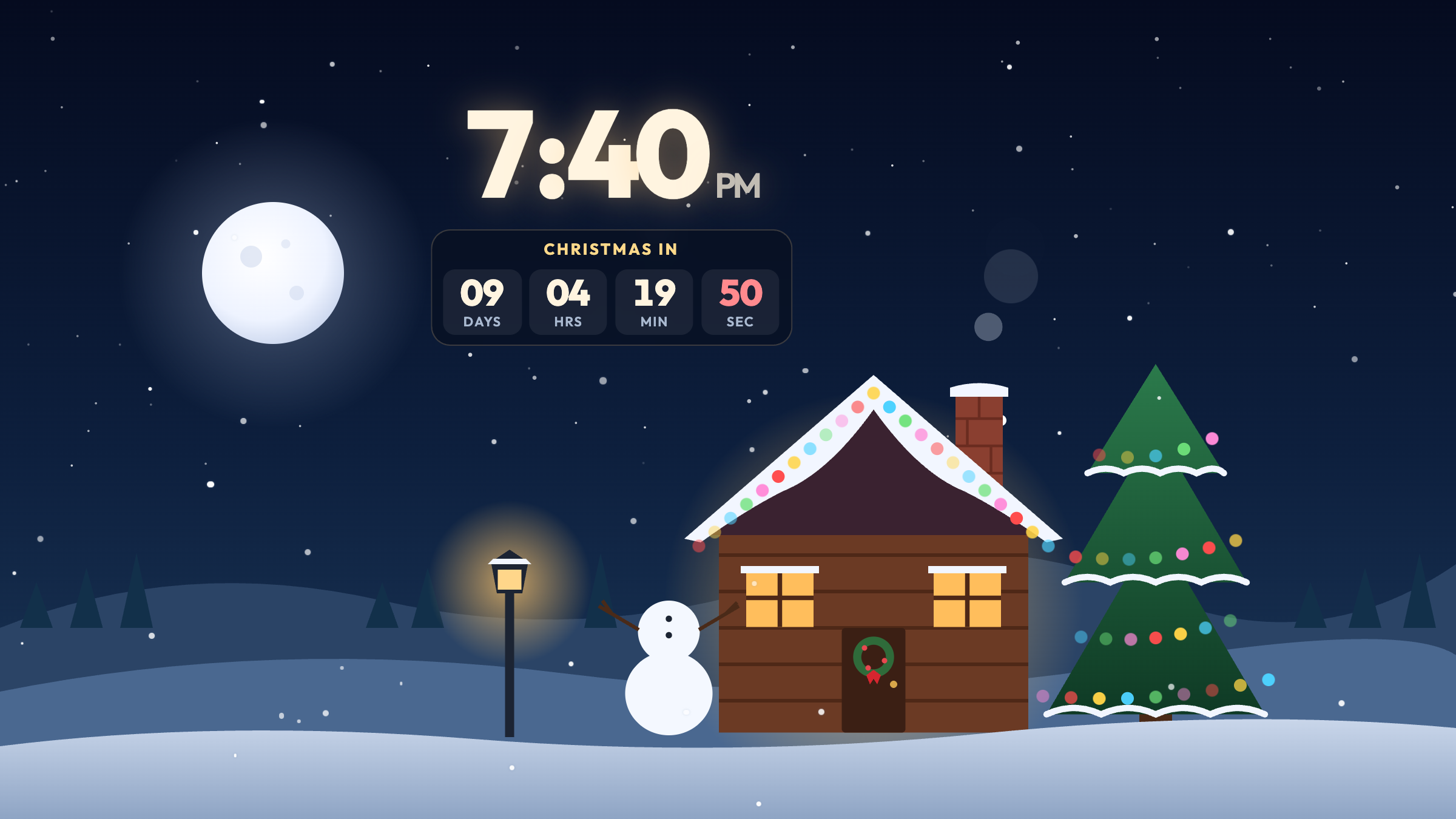 A snowy log cabin at night with a decorated tree, a snowman and a lamp post, with the clock at 7:40 PM and a small "Christmas in" countdown card showing 09 days, 04 hours, 19 minutes, 49 seconds