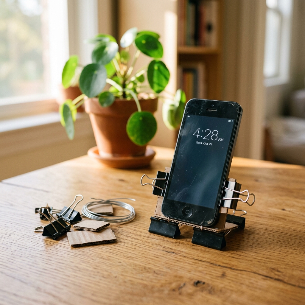 Handmade wooden and cardboard phone stands on a cozy desk