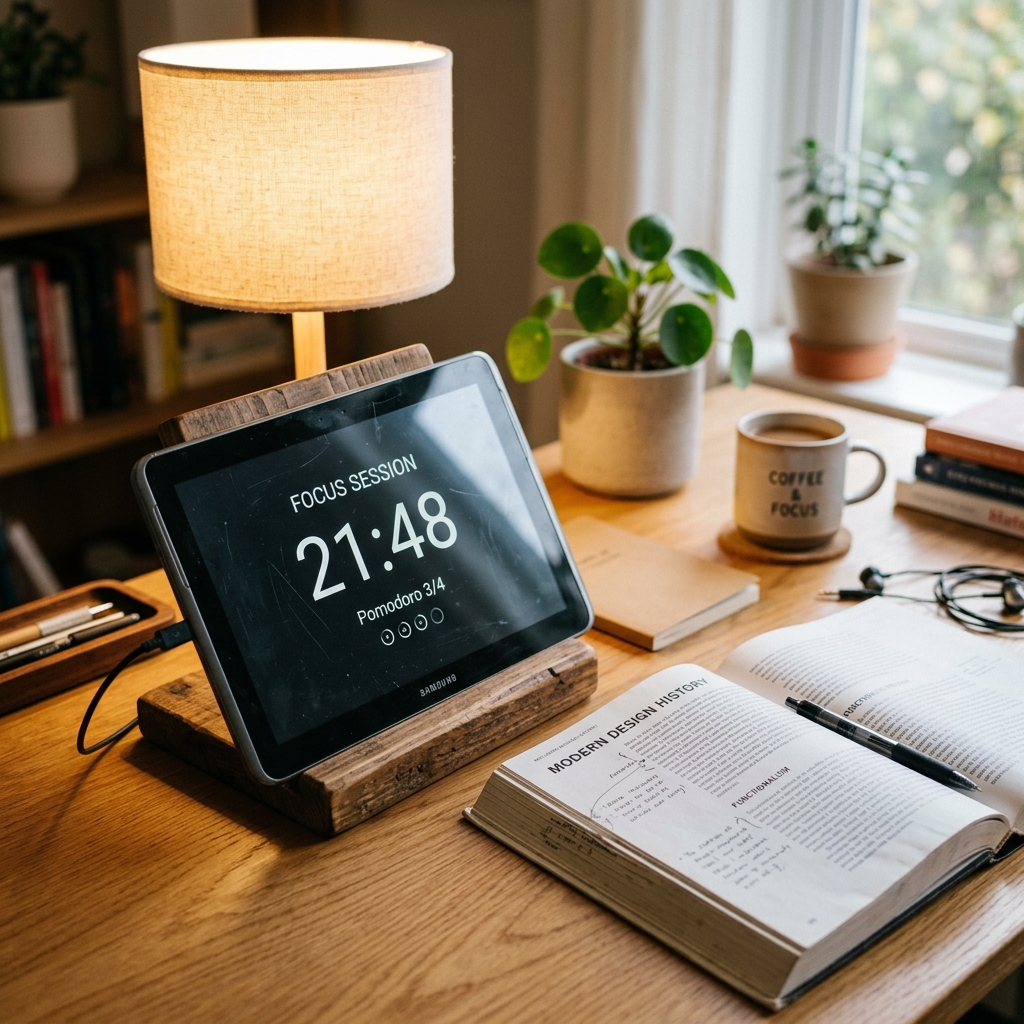 A cozy modern study desk featuring an old tablet on a wooden stand acting as a Pomodoro study timer
