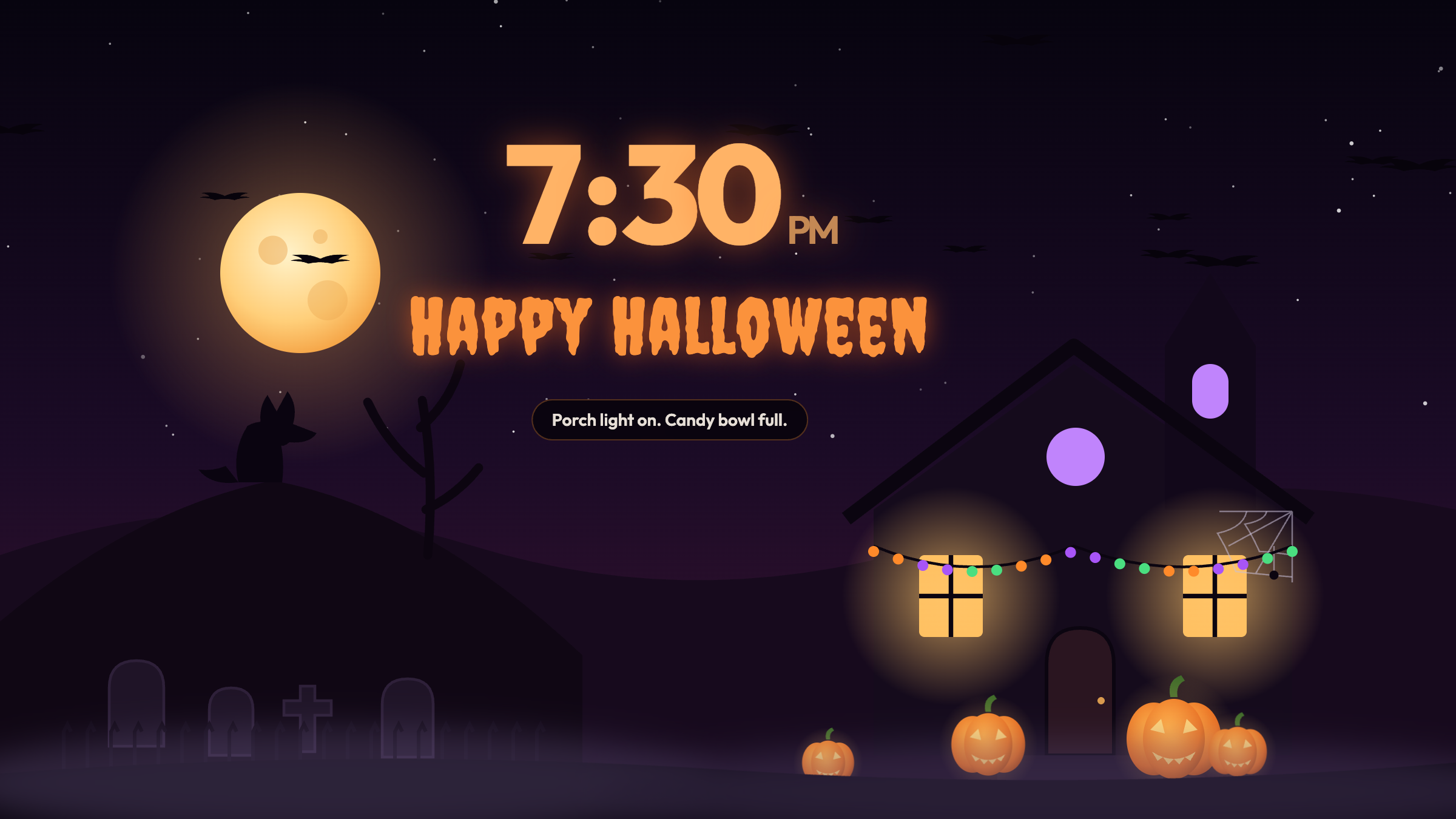 A haunted house at night with glowing windows, string lights and jack-o'-lanterns under a full moon, with the clock reading 7:30 PM and Happy Halloween