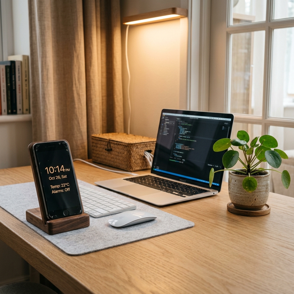 An aesthetic minimalist study workspace featuring an old upcycled smartphone running a smart desk clock on a wooden stand