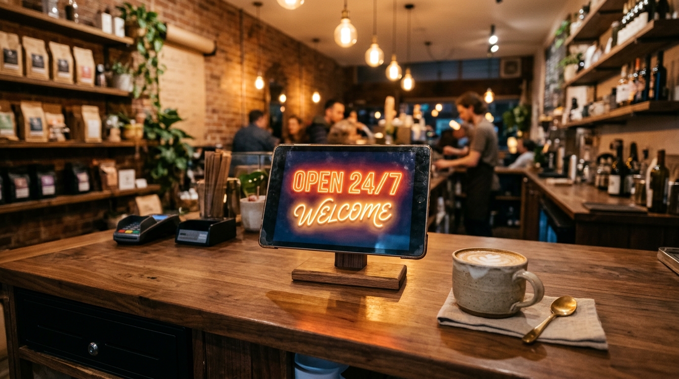 Cozy boutique coffee shop counter with a repurposed iPad displaying a glowing warm neon sign