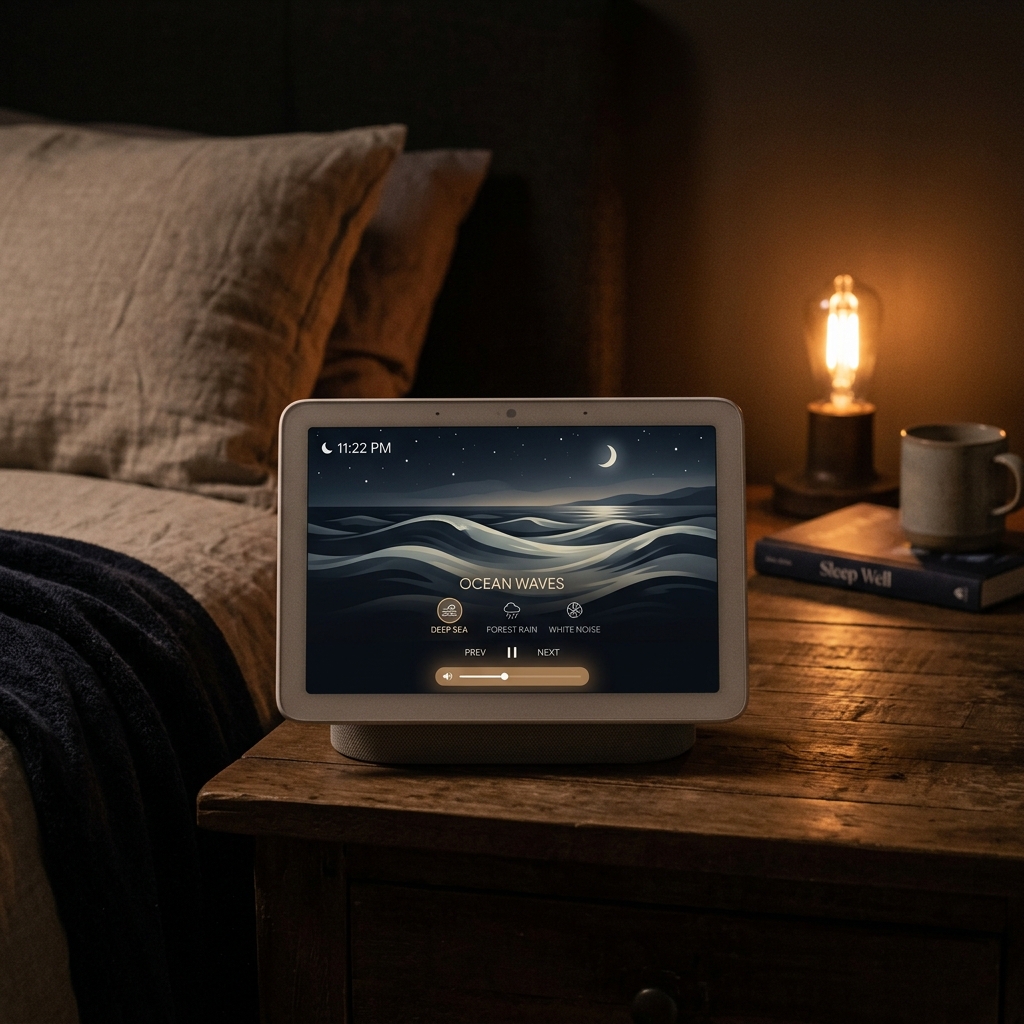 Calming white noise generator display with ocean wave graphics