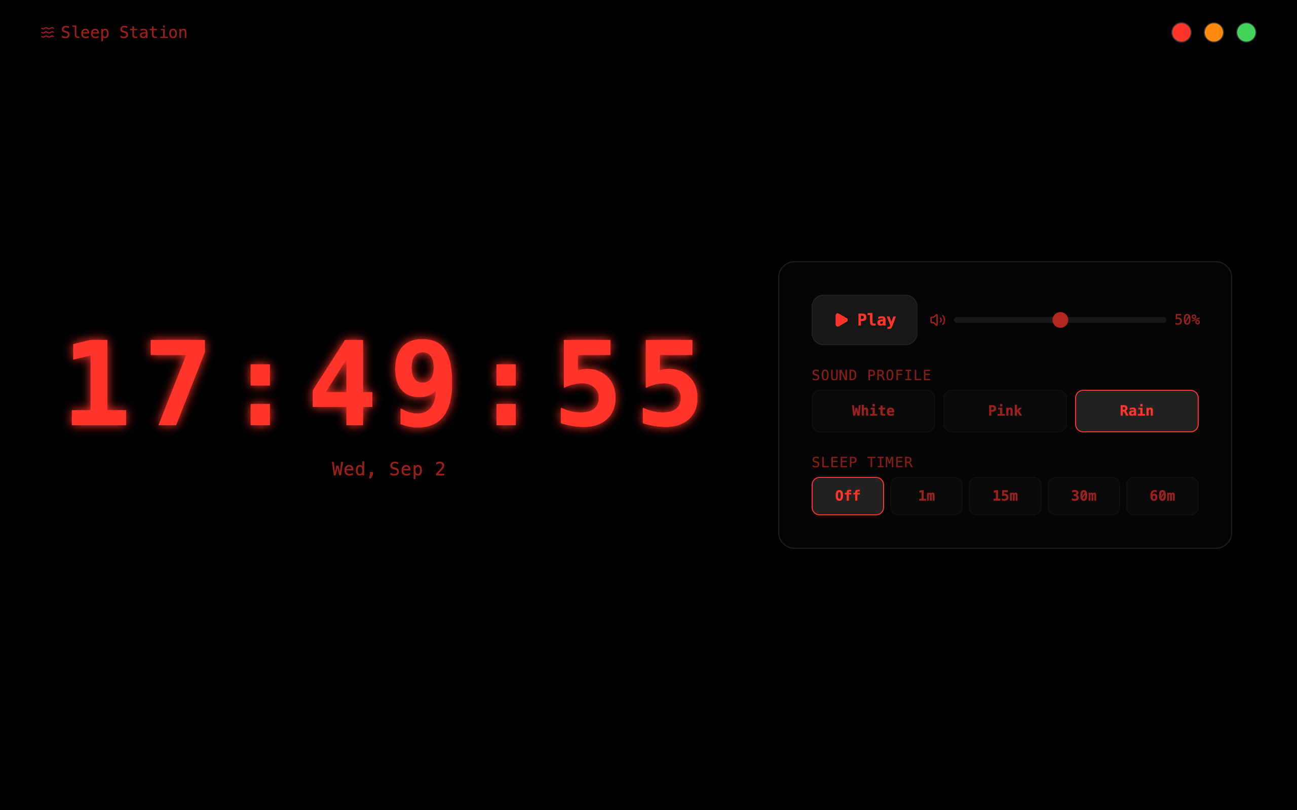 Sleep Station Real OLED Red Amber Clock and Sound Generator UI