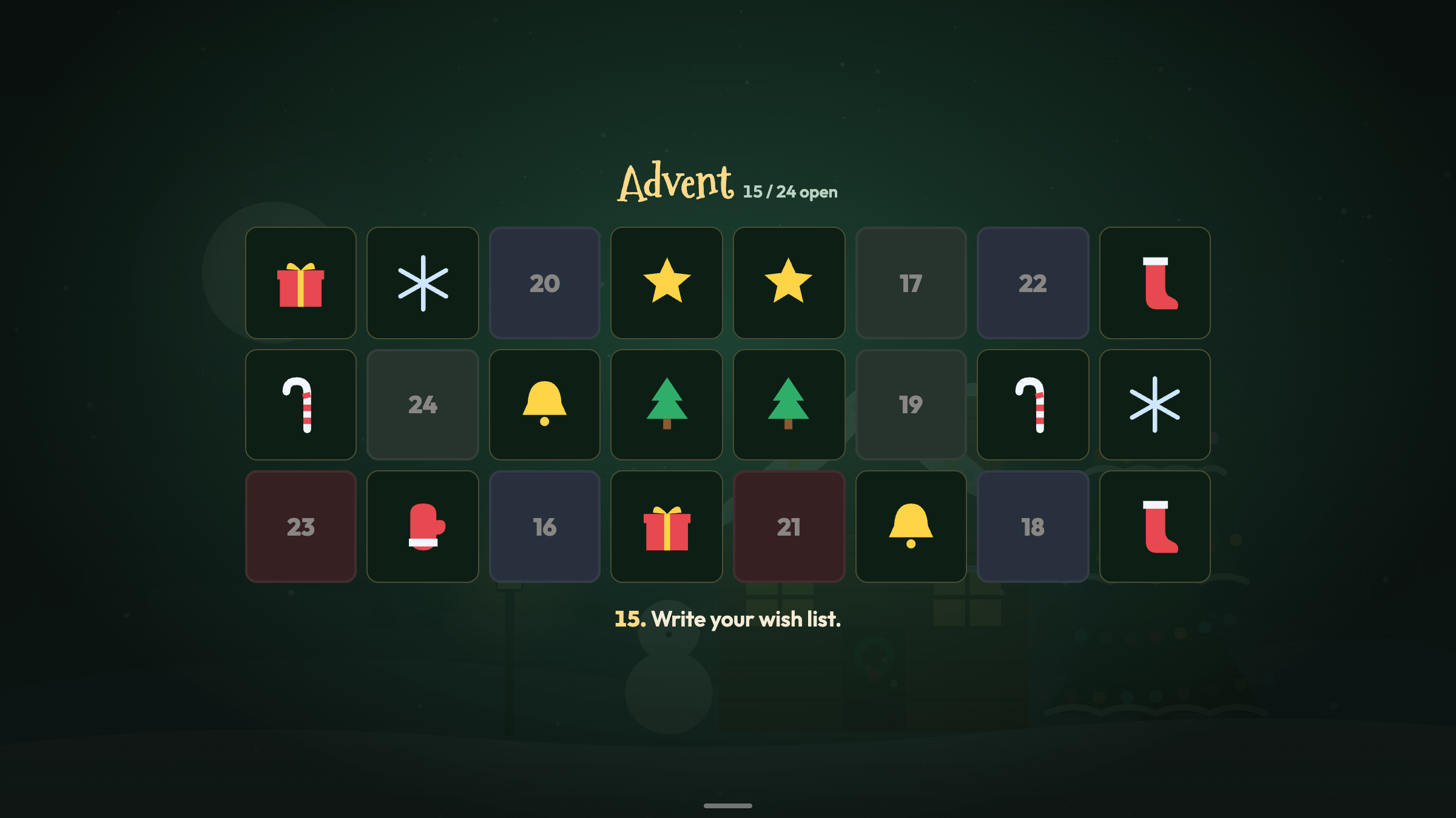 The Advent calendar: 24 shuffled doors, the first 15 open with small icons such as a star, a bell and a stocking, the rest locked, and "15. Write your wish list." below