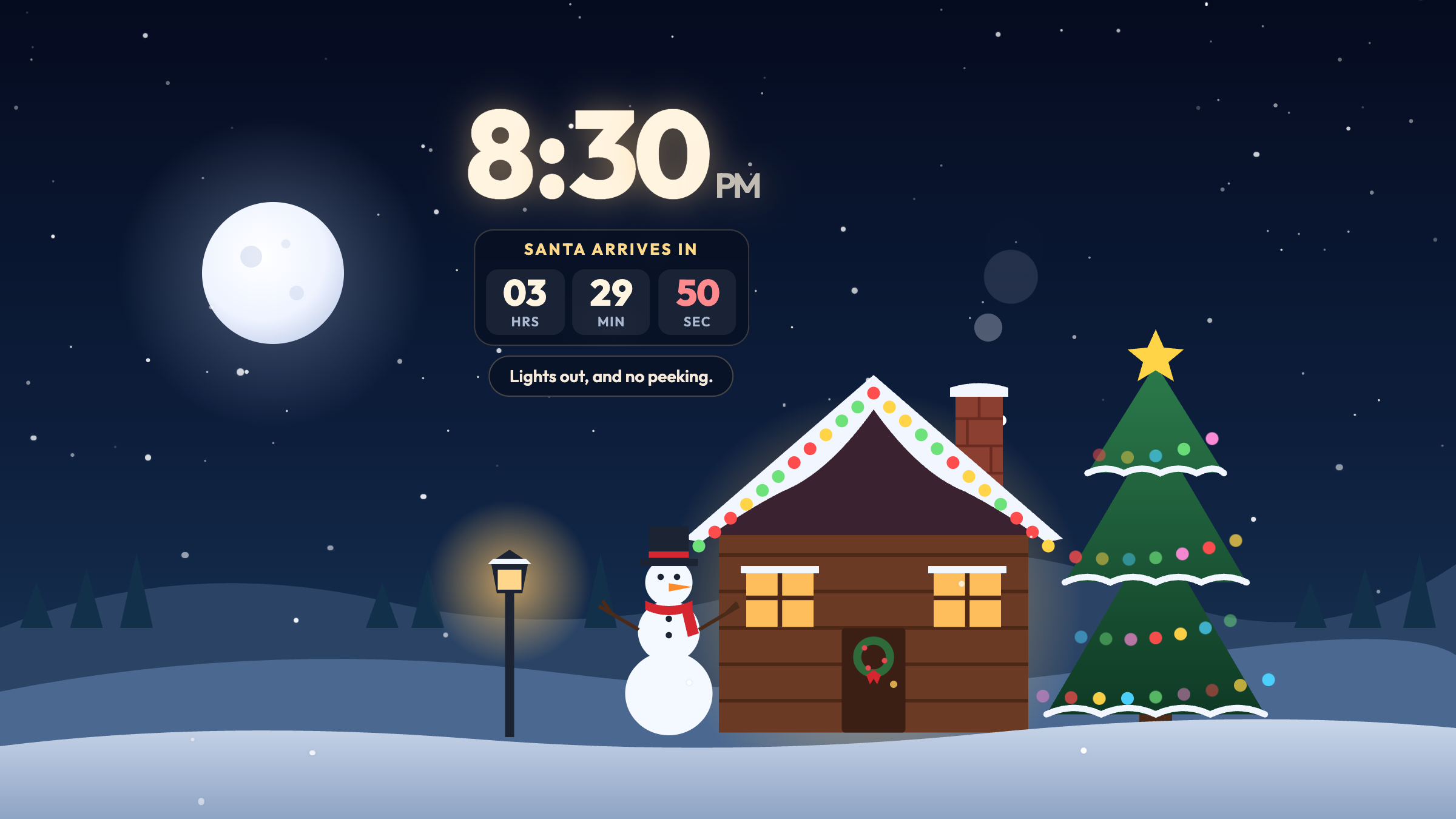 Christmas Eve at 8:30 PM: the countdown card reads "Santa arrives in 03 hrs 29 min 50 sec", a star sits on top of the tree and the snowman wears a hat and scarf