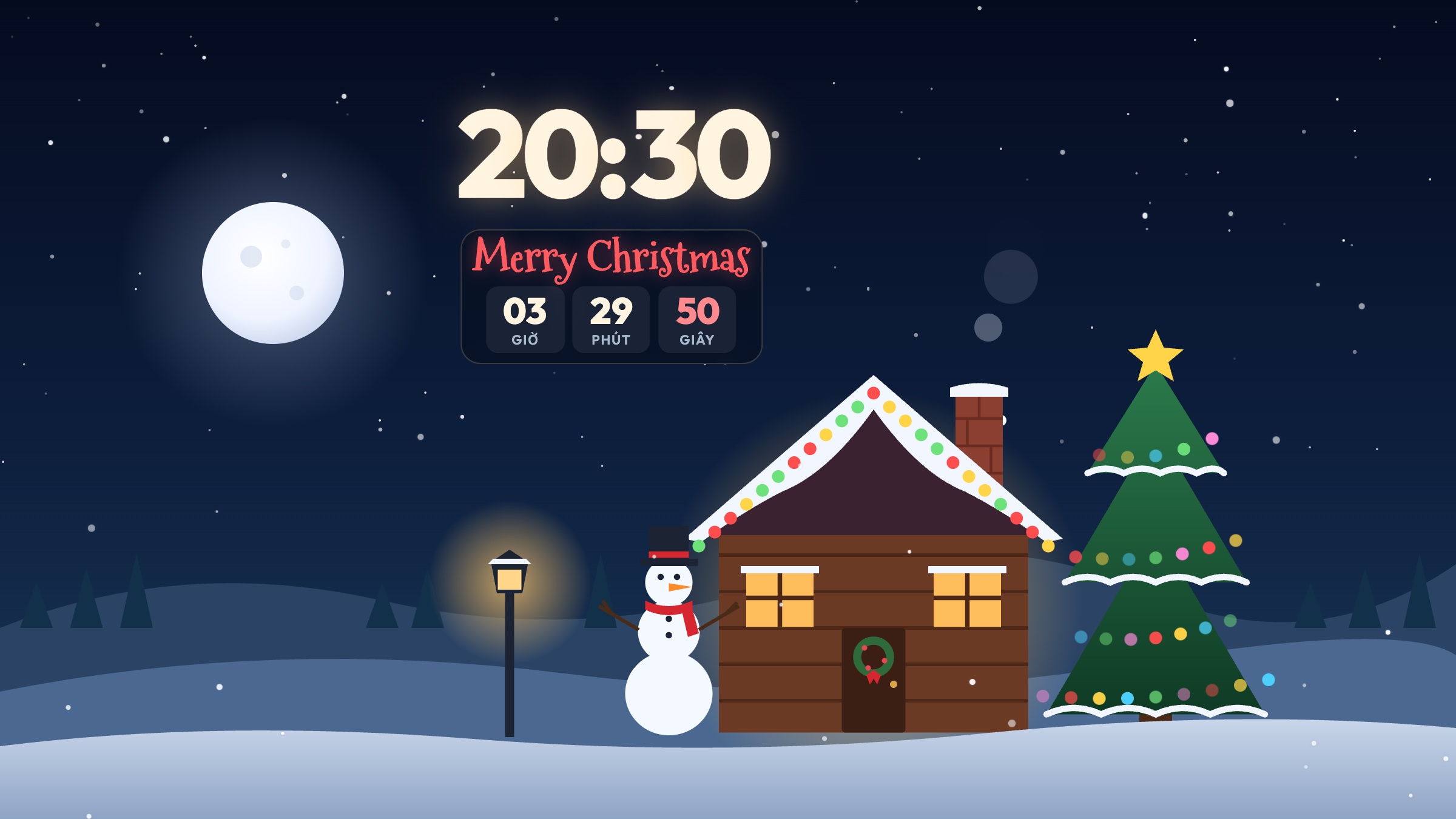 Tối 24/12 lúc 20:30: chữ Merry Christmas trên thẻ đếm ngược còn 03 giờ 29 phút, căn nhà sáng đèn và người tuyết đội mũ quàng khăn