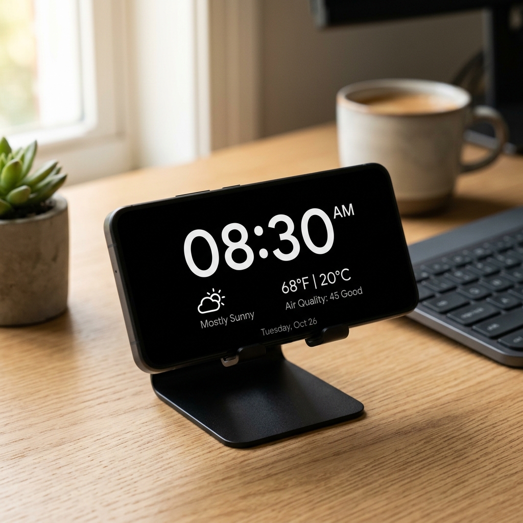 Smart desk clock interface showing digital time and weather on OLED stand