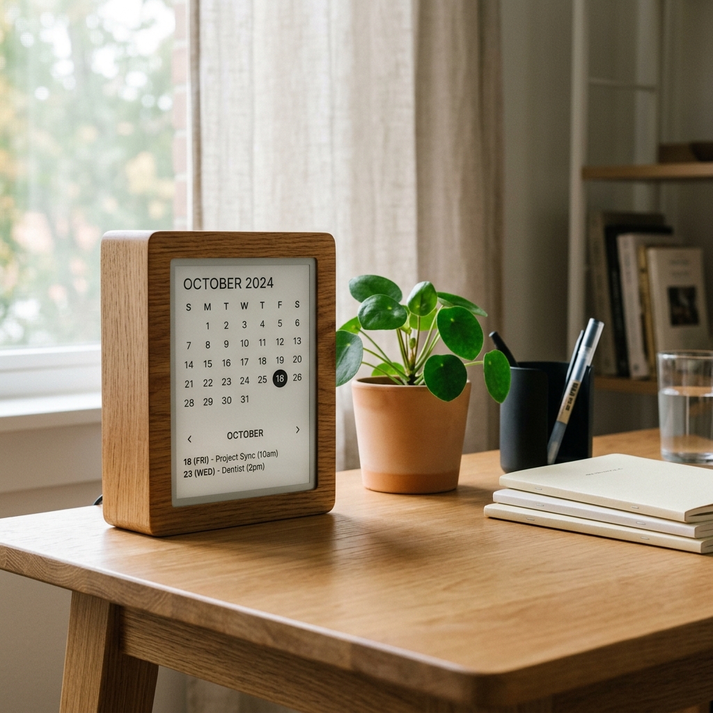 Monthly wooden-block style desk calendar grid on clean desk setup