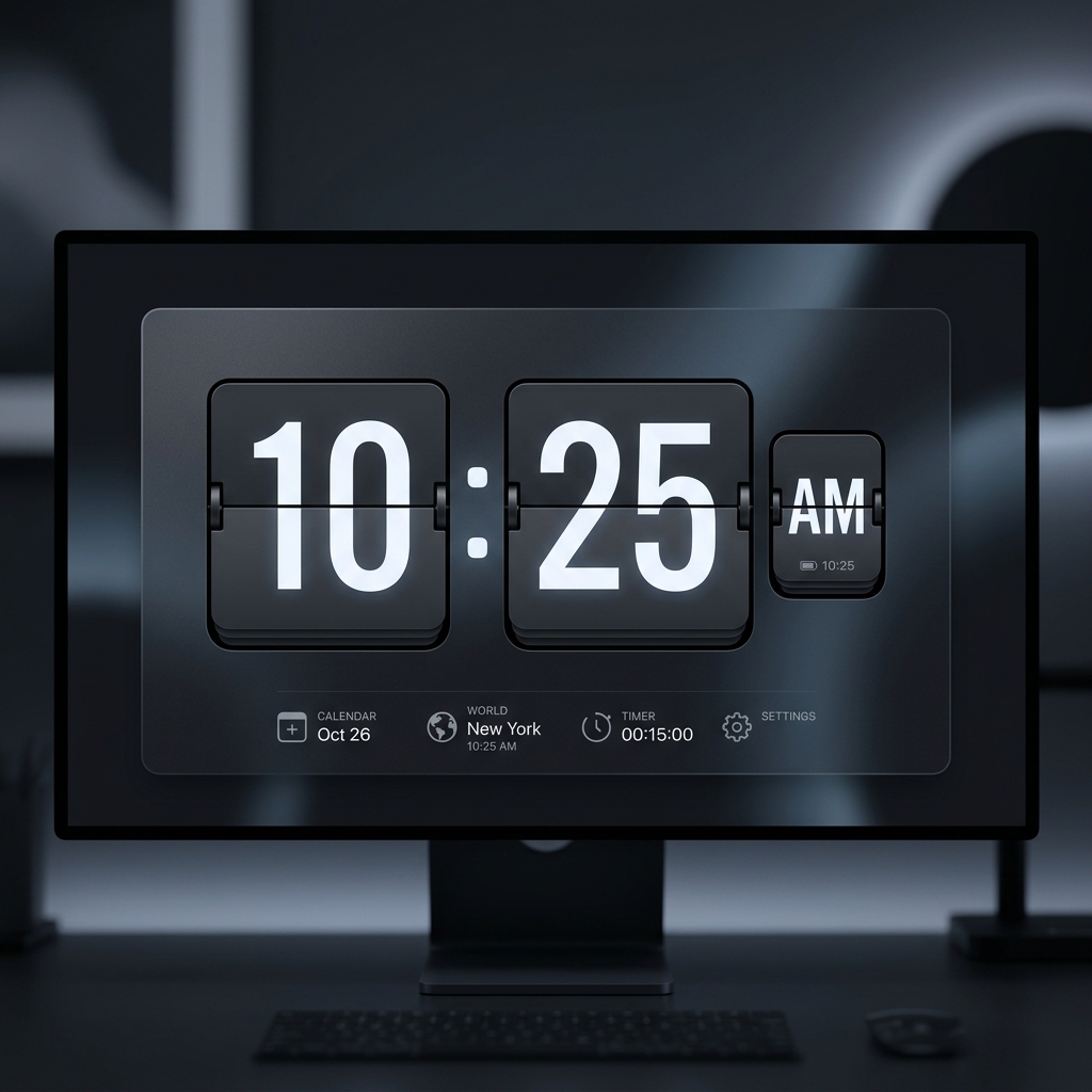 Clean 3D split-flap flip clock mockup displaying 10:25 AM in dark glassmorphic UI