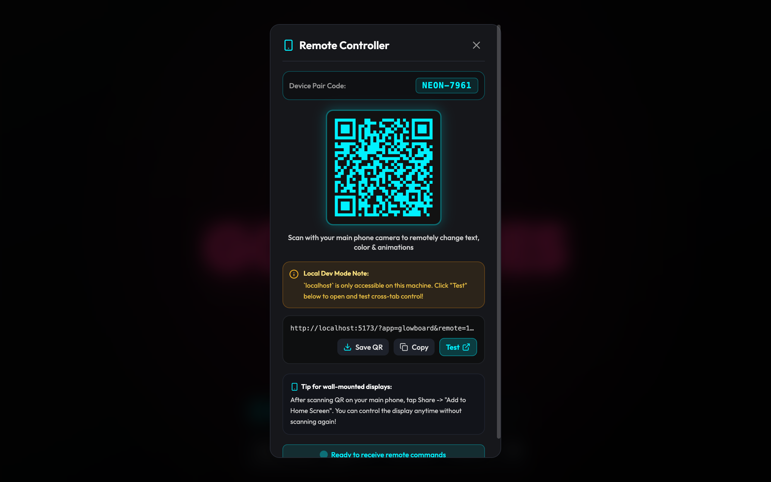 GlowBoard Remote Pairing QR Code Modal
