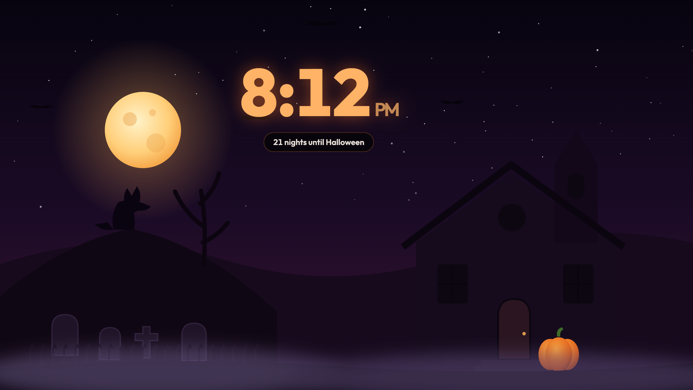 The haunted house three weeks before Halloween: dark windows, one uncarved pumpkin, and "21 nights until Halloween" under the clock
