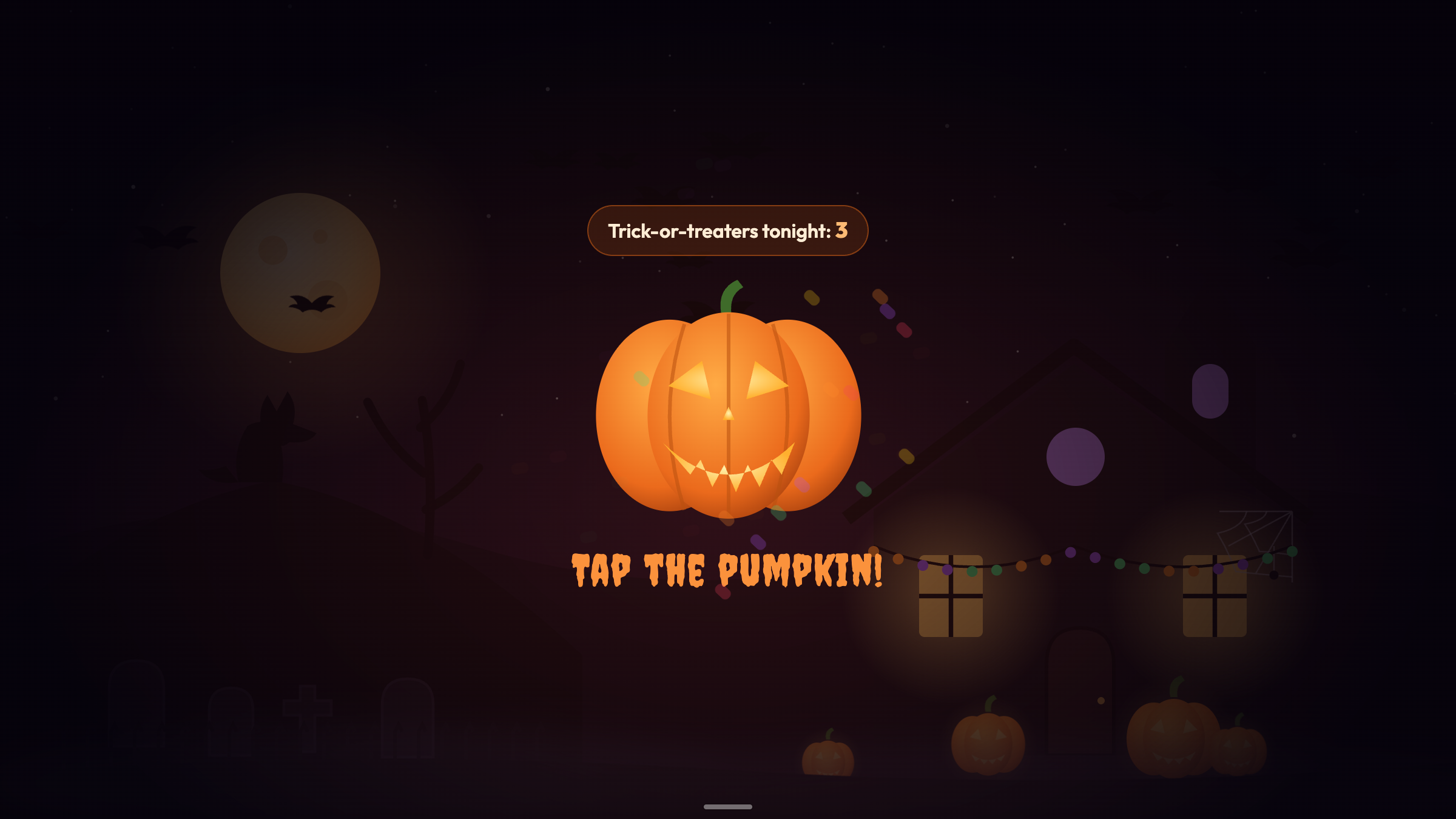 Treat mode: a large jack-o'-lantern in the middle of the screen with confetti bursting around it, "Trick-or-treaters tonight: 3" above and "Tap the pumpkin!" below