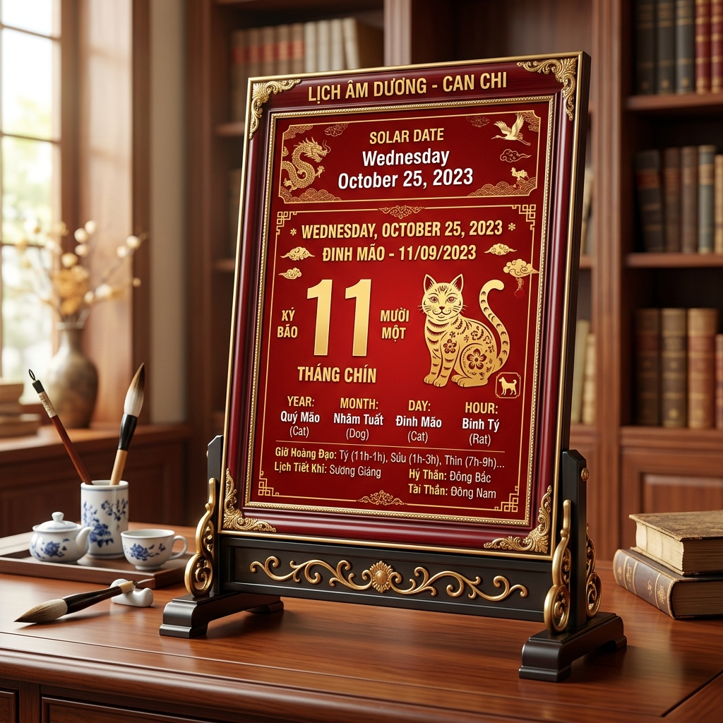 Traditional aesthetic solar and lunar calendar display with Can Chi details
