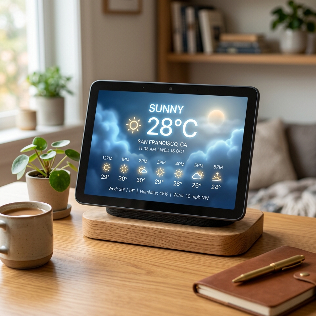 Live weather forecast display showing temperature and atmospheric clouds